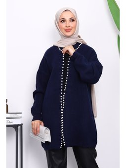 Lacivert Yumoş Triko İncili Hırka