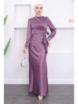 Lila Ön Detaylı Drapeli Saten Abiye Elbise