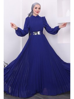 Saks Mavisi Yakası Fırfırlı Piliseli Şifon Kemerli Abiye Elbise