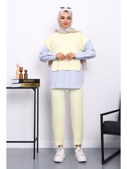 Sarı Gömlek Garnili Modal Tunik Pantolonlu Takım