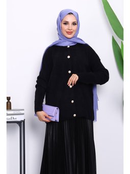 Siyah Bisiklet Yaka Angora Yumoş Hırka