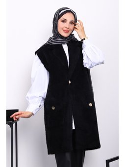 Siyah Cepli Uzun Angora Yumoş Yelek