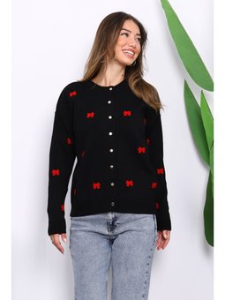 Siyah Fiyonk Nakışlı Triko Hırka