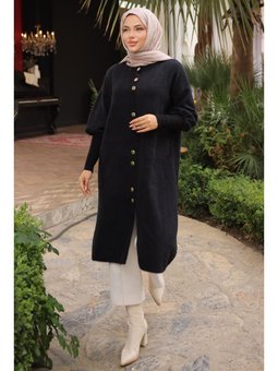 Siyah Hakim Yaka Angora Yumoş Kaban Hırka