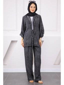 Siyah Ön Bağlamalı Kimono Pantolonlu Takım