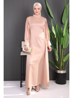 Vizon Kol Düğmeli Beli Kuşaklı Saten Abiye