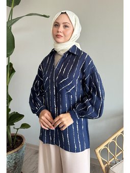 Batik Şeritli Salaş Lacivert Gömlek