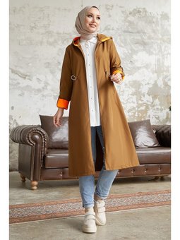 Beli Büzgülü Taba \ Turuncu Kapüşonlu Neon Trenç