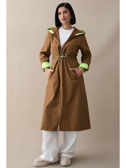 Beli Büzgülü Taba \ Yeşil Kapüşonlu Neon Trenç