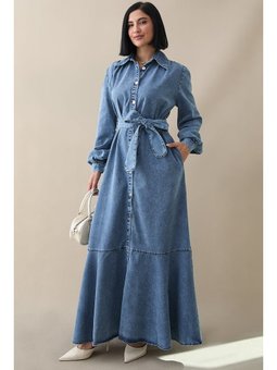Boydan Düğmeli Kuşaklı Koyu Mavi Kot Elbise