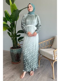 Etek Ve Kolu Desen Mint Şifon Elbise