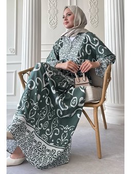 Kıvrımlı Sarmal Desen Yeşil Viskon Elbise