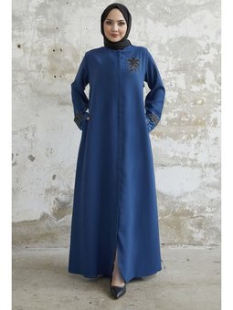Kolu Çiçek Taşlı İndigo Ferace