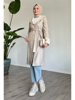 Kürk Detaylı Bej Deri Trençkot