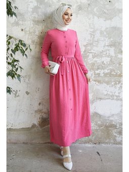 Lemina Kuşaklı Pembe Elbise