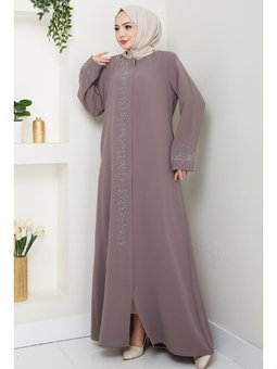 Sağ Kısmı Taş İşlemeli Sütlü Kahve Ferace