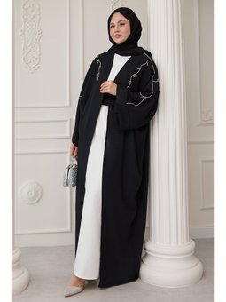 Sarmaşık Desen Taşlı Elbiseli Abaya Siyah