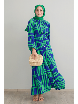 Şeritli Kemerli Yeşil Viskon Elbise