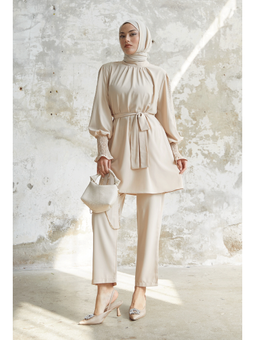 Taş Detaylı Balon Kol İkili Saten Bej Takım