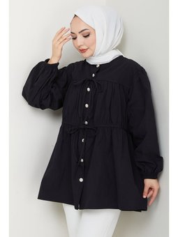 Taş Düğmeli Büzgülü Siyah Gömlek