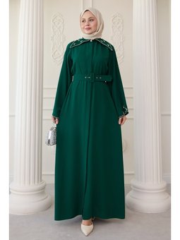 Üçgen Yaka Taşlı Zümrüt Yeşili Abaya