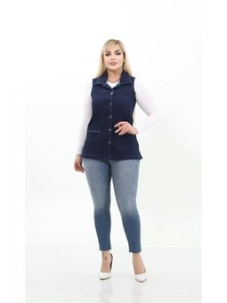 Büyük Beden Esnek Cepli Kot Yelek Koyu Mavi