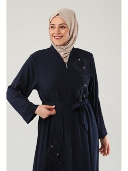 Nakışlı Taşlı Fermuarlı Lacivert Ferace