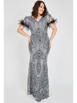 Büyük Beden Uzun Abiye Elbise Gümüş