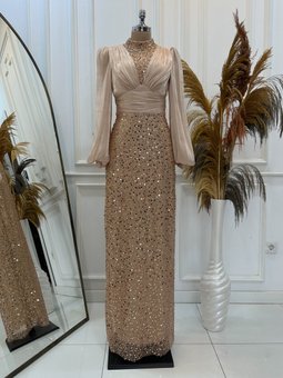 Bej Ella Abiye Elbise