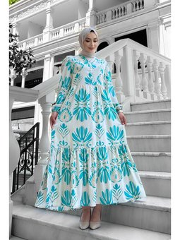 Bohem Desenli Viskon Turkuaz Elbise