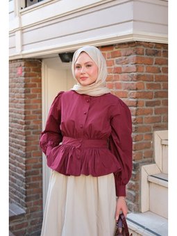Beli Büzgü Detaylı Bordo Gömlek