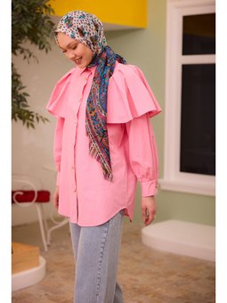 Kolları Valonlu Düğme Detaylı Pembe Gömlek