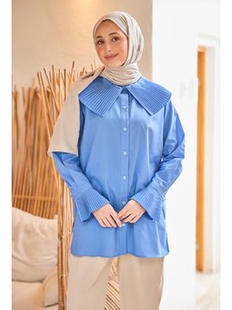 Yaka Ve Kol Pilise Detaylı Mavi Gömlek