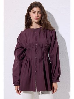 Beli Pile Detaylı Uzun Kol Mürdüm Bluz