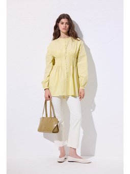 Beli Pile Detaylı Uzun Kol Sarı Bluz