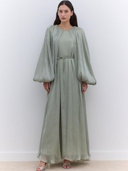 Geniş Kol Detaylı Yeşil Elbise