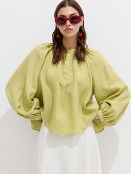 İnce Keten Yakası Büzgülü Gömlek Lıme