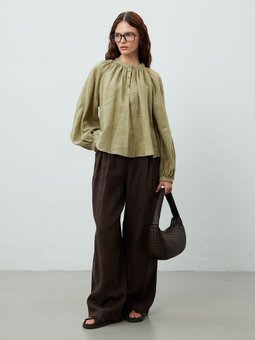 İnce Keten Yakası Büzgülü Haki Gömlek