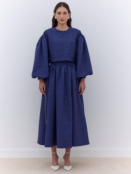 İnci Detaylı Jakarlı Gece Mavisi Etek