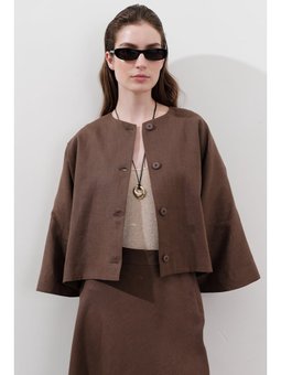 Keten Geniş Kollu Kısa Ceket Tozlu Kahve
