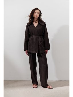 Keten Geniş Yaka Acı Kahve Ceket