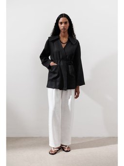 Keten Geniş Yaka Siyah Ceket