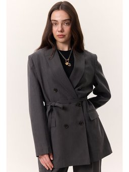 Tencel Kemerli Kruvaze Blazer Antrasit Ceket