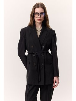 Tencel Kemerli Kruvaze Blazer Siyah Ceket