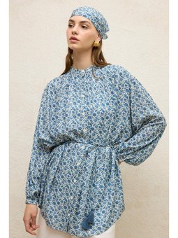 Viskon Desenli Rose Mavi Tunik