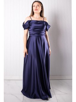Askılı Saten Lacivert Abiye Elbise
