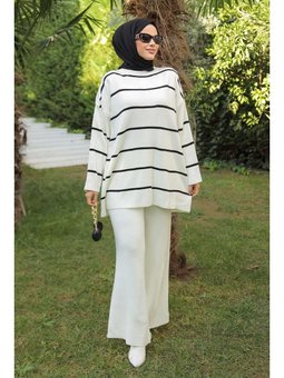 Çizgi Detaylı Triko Beyaz Takım