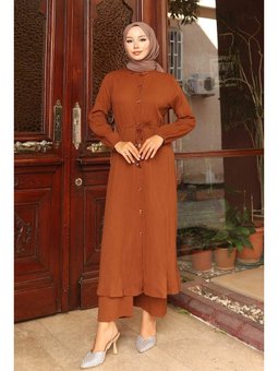 Yırtmaç Detaylı Uzun Kahverengi Takım