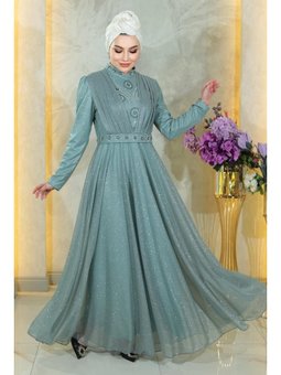 Taş Detaylı Göğsü Drapeli Simli Abiye Elbise Mint