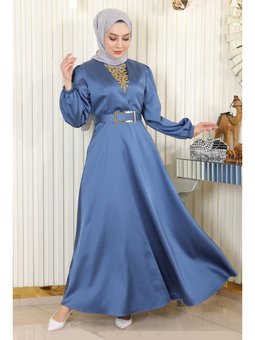 Taş Detaylı Saten Abiye Elbise Mavi